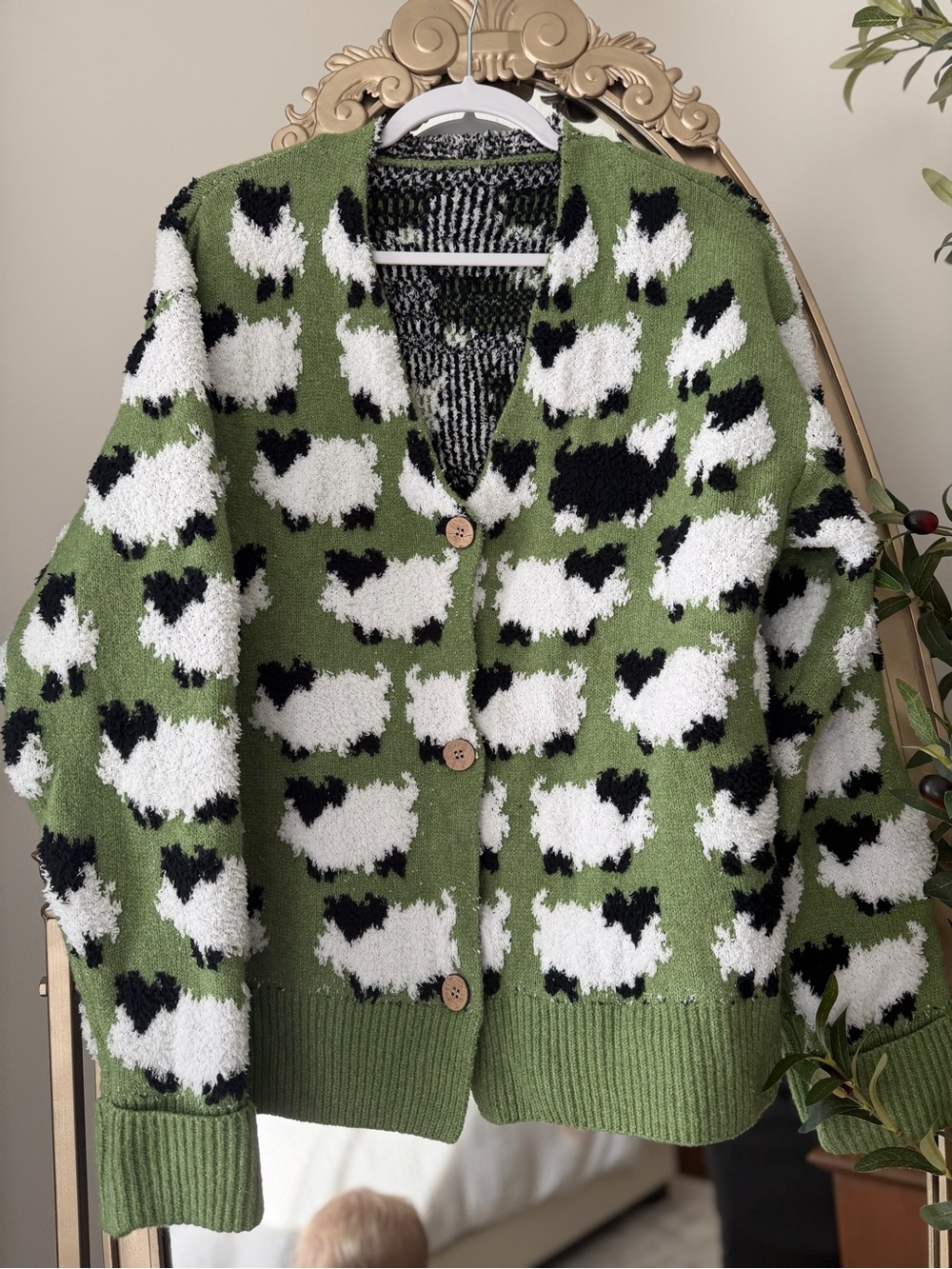 Green Sheep-Pattern Button-Up Women's Cardigan Sweater